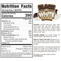 Nutrition label for Black N White Cookie shows 390 calories per muffin. Ingredients, allergens, and manufacturer info are listed alongside the brand logo featuring the cookies name in bold brown and white text.
