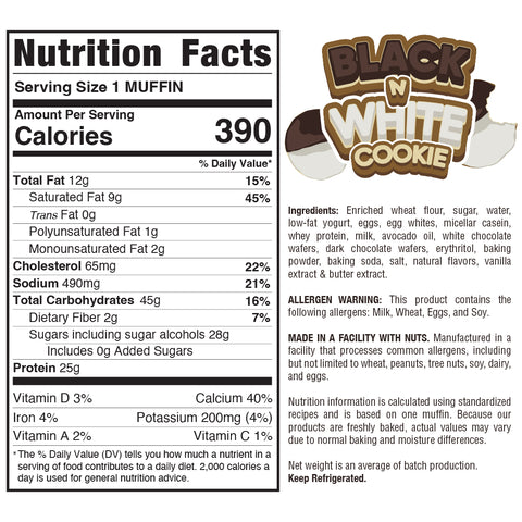 Nutrition label for Black N White Cookie shows 390 calories per muffin. Ingredients, allergens, and manufacturer info are listed alongside the brand logo featuring the cookies name in bold brown and white text.