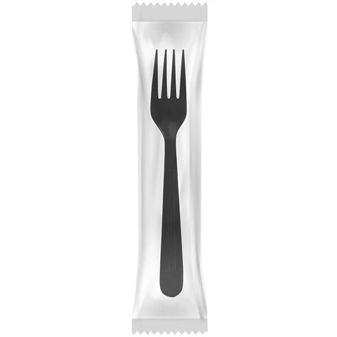 The Black fork Individual wrapped is a black plastic fork sealed in a clear, crimped-edge wrapper and shown on a white background. Ideal for bulk use, it's available in packs of 1000.