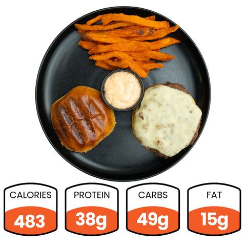 Plate with burger, fries, and sauce with nutritional information displayed.