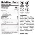 The 6-Guys Patty Melt (Subscription) nutrition label shows 483 calories per serving, lists key nutrients and ingredients, and highlights allergens: sesame, gluten, dairy. Each serving (~14oz) includes a patty melt with sweet potato fries.