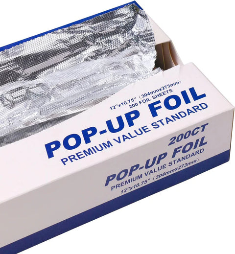 A partially open box labeled Aluminum Foil Sheets holds 200 pre-cut sheets, each 12x10.75 inches. The packaging highlights Premium Value Standard and shows shiny foil inside.