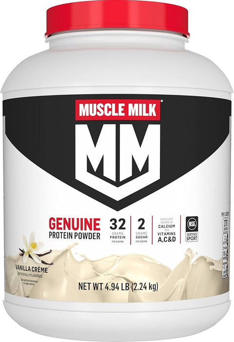 A white and red container of Vanilla Protein-For Shakes, Vanilla Crème flavor, with 32g protein and 2g sugar per serving, plus added vitamins and minerals. Net weight: 4.94 lbs 2.24 kg.