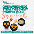An ad for Hummus Fit’s 7-Day Starter Plan with text and images of breakfast, lunch, and dinner plates on a marble background. The plan is beginner-friendly and easy to follow.