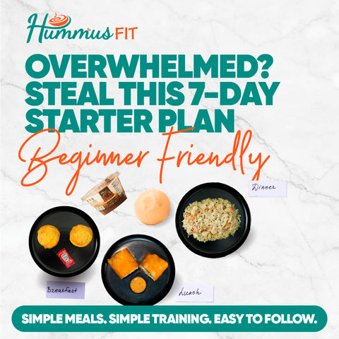 An ad for Hummus Fit’s 7-Day Starter Plan with text and images of breakfast, lunch, and dinner plates on a marble background. The plan is beginner-friendly and easy to follow.
