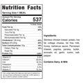Nutrition facts for BBQ Chicken Garlic Parm Potatoes: 537 calories/serving, with details on fat, cholesterol, sodium, carbs, protein, vitamins, minerals. Contains dairy milk. Made with gluten-free ingredients.