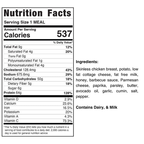 Nutrition facts for BBQ Chicken Garlic Parm Potatoes: 537 calories/serving, with details on fat, cholesterol, sodium, carbs, protein, vitamins, minerals. Contains dairy milk. Made with gluten-free ingredients.