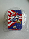 A plastic container holds a Red White Blue Buffin - Exclusive- 20 dessert with a red, white, and blue striped and starred label that reads “Red White Blue” and features Buffin Bakery’s 250th Year Anniversary badge for early-access products.