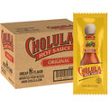 A box of Cholula Hot Sauce Packets 200 count, each featuring the signature wooden cap bottle and yellow packaging with the Cholula logo and Original label.