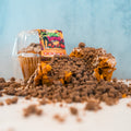 A crumbled Basic Baddie Buffin Muffin, featuring pumpkin spice flavors and topped with chocolate streusel, sits on a white surface with scattered crumbs. Ideal as a high-protein snack and low in caffeine, this dessert is shown beside its plastic container with a colorful label and another muffin in the background.
