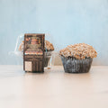 A Buffin Muffin - German Chocolate Cake with coconut topping sits next to a clear plastic pack containing another, both set against a light blue background—an indulgent treat that feels fitness-friendly.