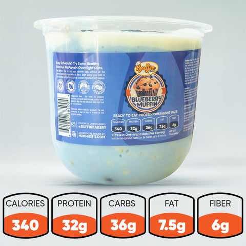 A VIP Overnight Oats - Blueberry plastic container is shown on a light background, displaying nutrition facts per serving: 340 calories, 32g protein, 36g carbs, 7.5g fat, and 6g fiber.