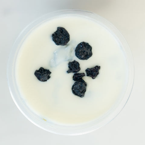 A clear cup of VIP Overnight Oats - Blueberry, topped with dried blueberries, viewed from above on a white surface.