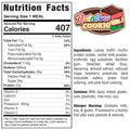 The VIP Buffin Muffin - Rainbow Cookie nutrition label lists 407 calories per serving. Ingredients and allergens include milk, dairy, and gluten. The image displays this high protein dessert with colorful artwork and ingredient details.