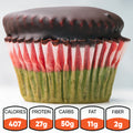 The VIP Buffin Muffin - Rainbow Cookie features a green base, red and white liner, and chocolate-covered top. With 407 calories, 27g protein, 50g carbs, 11g fat, and 2g fiber, it's a tasty high-protein dessert you'll love.