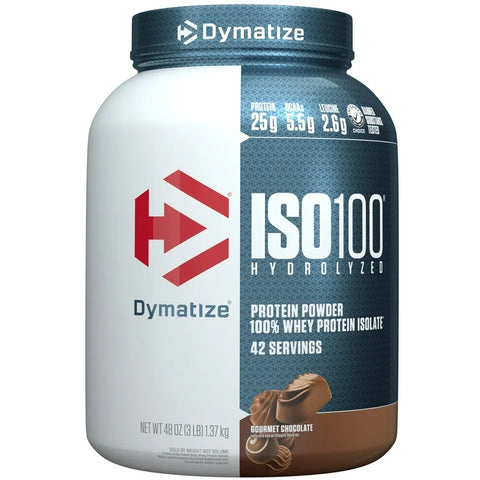A container of Chocolate protein powder-for shakes, with label showing: 25g protein, 5.5g BCAAs, 2.6g leucine per serving, 42 servings, and made with 100 whey protein isolate.