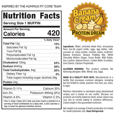 Nutrition label for our Banana Cream Protein Dream CORE Team Edition muffin, with 420 calories per serving. Includes ingredients, allergen info, and values for fat, cholesterol, sodium, carbs, protein, vitamins minerals.