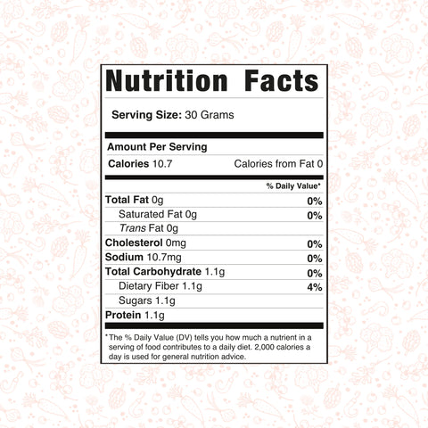 Nutrition Facts for a 30g serving of Competition Approved Fresh Broccoli Florets 1lb: 10.7 calories, 0g fat, 0mg cholesterol, 10.7mg sodium, 1.1g carbs 1g fiber, 1.1g sugars, and 1.1g protein; daily value percentages are mostly zero.