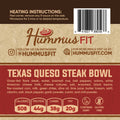 The Texas Queso Steak Bowl food label lists ingredients, heating instructions, nutritional facts 508 calories, 44g protein, 38g carbs, 20g fat, and icons showing gluten-free and dairy content.