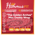 A nutrition label for "The Golden Arches" Mac Daddy Wrap from Hummus Fit: 543 calories, 43g protein, 43g carbs, and 22.5g fat. Cheeseburger-inspired, high protein; contains egg, soy, and gluten icons indicated.