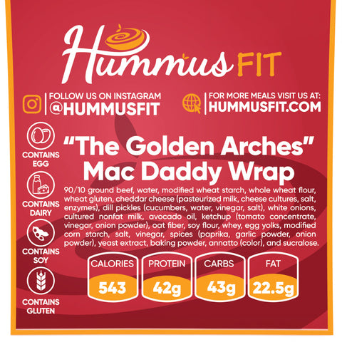 A nutrition label for "The Golden Arches" Mac Daddy Wrap from Hummus Fit: 543 calories, 43g protein, 43g carbs, and 22.5g fat. Cheeseburger-inspired, high protein; contains egg, soy, and gluten icons indicated.