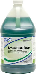 A 1-gallon container of Dishwashing soap Green with a white cap and green liquid, labeled for use on pots, pans, and dishwashing.