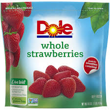 A blue, resealable bag of Dole Frozen Strawberries- For Shakes features strawberry images on the front and is labeled as great for smoothies and snacking.