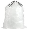 Garbage bags 13 gallon white: durable, clear plastic bags with black drawstring closure. Each box includes 200 for convenient bulk use.