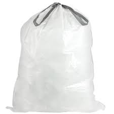 Garbage bags 13 gallon white: durable, clear plastic bags with black drawstring closure. Each box includes 200 for convenient bulk use.