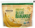 A resealable bag of Frozen Bananas- For Shakes displays images of whole and sliced bananas along with product information and certification logos on the front.