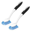 Two Dish Cleaning Brushes with black handles, white necks, and blue bristles are placed side by side on a white background.