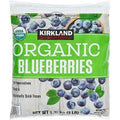 A bag of Frozen Blueberries- For Shakes features green and white labeling, images of blueberries, USDA Organic seal, no preservatives, and a net weight of 3 pounds.