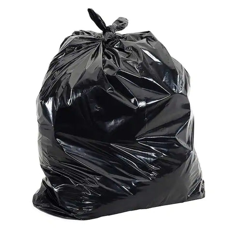 A large trash bag from a 250-count pack of Large trash bags is tied at the top and placed upright against a white background.
