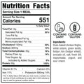 Mediterranean-style nutrition label for Anatolian Kebab Bulgur Rice: 551 calories/serving, high protein. Contains dairy, gluten. Main ingredients include chicken thighs, lentils, bulgur wheat, avocado oil, onion, yogurt, sour cream. Nutritional icons displayed.