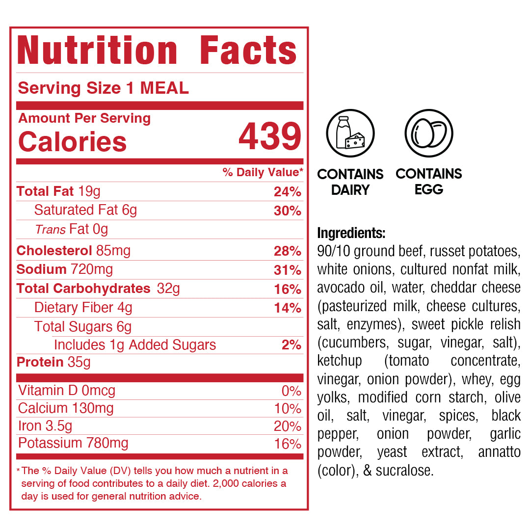Nutrition facts label for the macro-friendly Animal Style West Coast Beef Bowl: 439 calories, 19g fat, 47g carbs, and 21g protein—making it an excellent high-protein meal prep option. The comprehensive ingredient list is provided with icons highlighting dairy and egg content. Percent daily values for vitamins and minerals are also displayed.