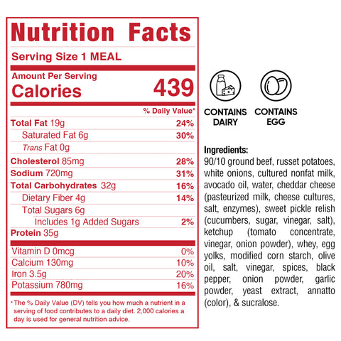 Nutrition facts label for the macro-friendly Animal Style West Coast Beef Bowl: 439 calories, 19g fat, 47g carbs, and 21g protein—making it an excellent high-protein meal prep option. The comprehensive ingredient list is provided with icons highlighting dairy and egg content. Percent daily values for vitamins and minerals are also displayed.