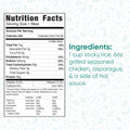Nutrition facts for the Arnold 2022 Bowl: 430 calories, 14g fat, 55mg cholesterol, 540mg sodium, 39g carbs, 3g sugar, and 48g protein. Made with sticky rice, asparagus, hot sauce, and grilled chicken.