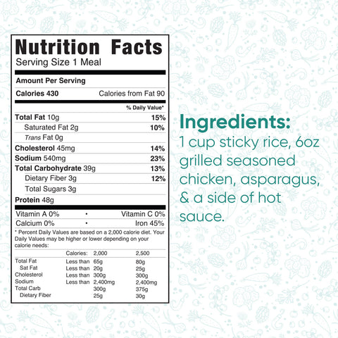 Nutrition facts for the Arnold 2022 Bowl: 430 calories, 14g fat, 55mg cholesterol, 540mg sodium, 39g carbs, 3g sugar, and 48g protein. Made with sticky rice, asparagus, hot sauce, and grilled chicken.