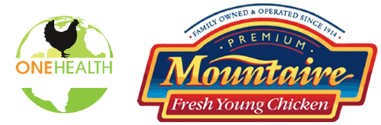 One Health Certified and Mountaire logos, highlighting responsible animal care and premium fresh young chicken since 1914.