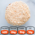 The Banana Cream Protein Dream CORE Team Edition is a high-protein muffin with a crumbly topping, viewed from above. Nutrition icons show: 420 calories, 24g protein, 54g carbs, and 12g fat—perfect as a delicious protein dessert.
