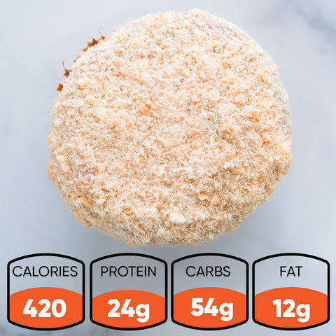 The Banana Cream Protein Dream CORE Team Edition is a high-protein muffin with a crumbly topping, viewed from above. Nutrition icons show: 420 calories, 24g protein, 54g carbs, and 12g fat—perfect as a delicious protein dessert.