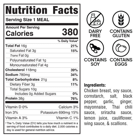 Bang Bang Chicken nutrition label: 380 calories, 16g fat, 28g protein, 37g carbs. Dairy-free, gluten-free, and soy-free symbols shown. Contains eggs. Thai chili sauce included in ingredients list on the right.