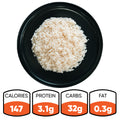 A black plate of Competition Approved White Basmati Rice 1lb is shown above four nutrition labels: 147 calories, 3.1g protein, 32g carbs, and 0.3g fat—ideal for meal prep.