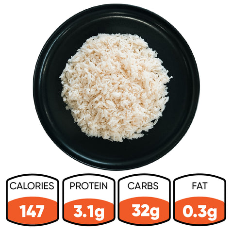 A black plate of Competition Approved White Basmati Rice 1lb is shown above four nutrition labels: 147 calories, 3.1g protein, 32g carbs, and 0.3g fat—ideal for meal prep.