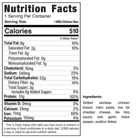 Nutrition facts label for 1 serving of BBQ Chicken Mac Bowl with 510 calories, fat, sodium, carbs, protein, and vitamins. Made with chicken, pasta, cheese, sauce, and seasonings—perfect for healthy meal prep.