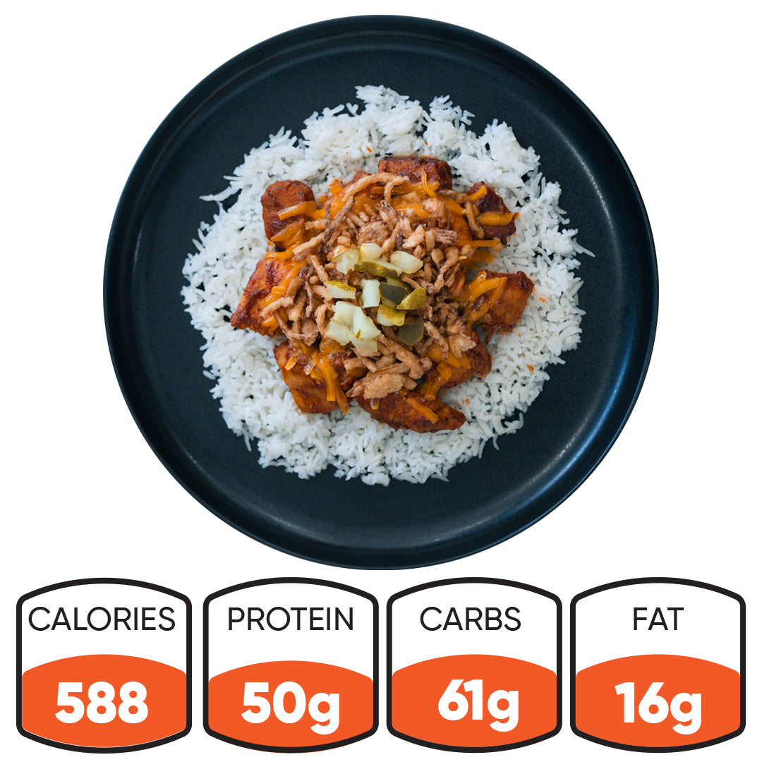 The BBQ Meltdown features white rice topped with seasoned meat, savory sauce, and diced veggies. Below the plate are the nutrition facts: 588 calories, 50g protein, 61g carbs, and 16g fat—ideal for high-protein meal prep.