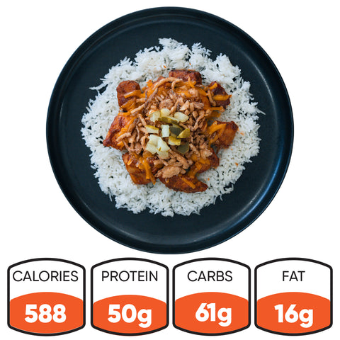 The BBQ Meltdown features white rice topped with seasoned meat, savory sauce, and diced veggies. Below the plate are the nutrition facts: 588 calories, 50g protein, 61g carbs, and 16g fat—ideal for high-protein meal prep.