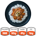 The BBQ Meltdown features white rice topped with seasoned meat, savory sauce, and diced veggies. Below the plate are the nutrition facts: 588 calories, 50g protein, 61g carbs, and 16g fat—ideal for high-protein meal prep.