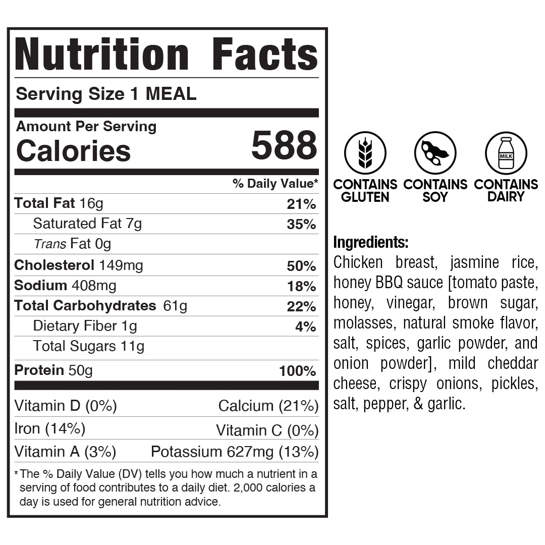 BBQ Meltdown nutrition facts label: 588 calories/serving, high in protein. Lists protein, fat, carbs, vitamins, minerals; allergens: gluten, soy, dairy. Main ingredients: chicken, rice, BBQ sauce, brown sugar, seasonings.