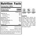 BBQ Meltdown nutrition facts label: 588 calories/serving, high in protein. Lists protein, fat, carbs, vitamins, minerals; allergens: gluten, soy, dairy. Main ingredients: chicken, rice, BBQ sauce, brown sugar, seasonings.